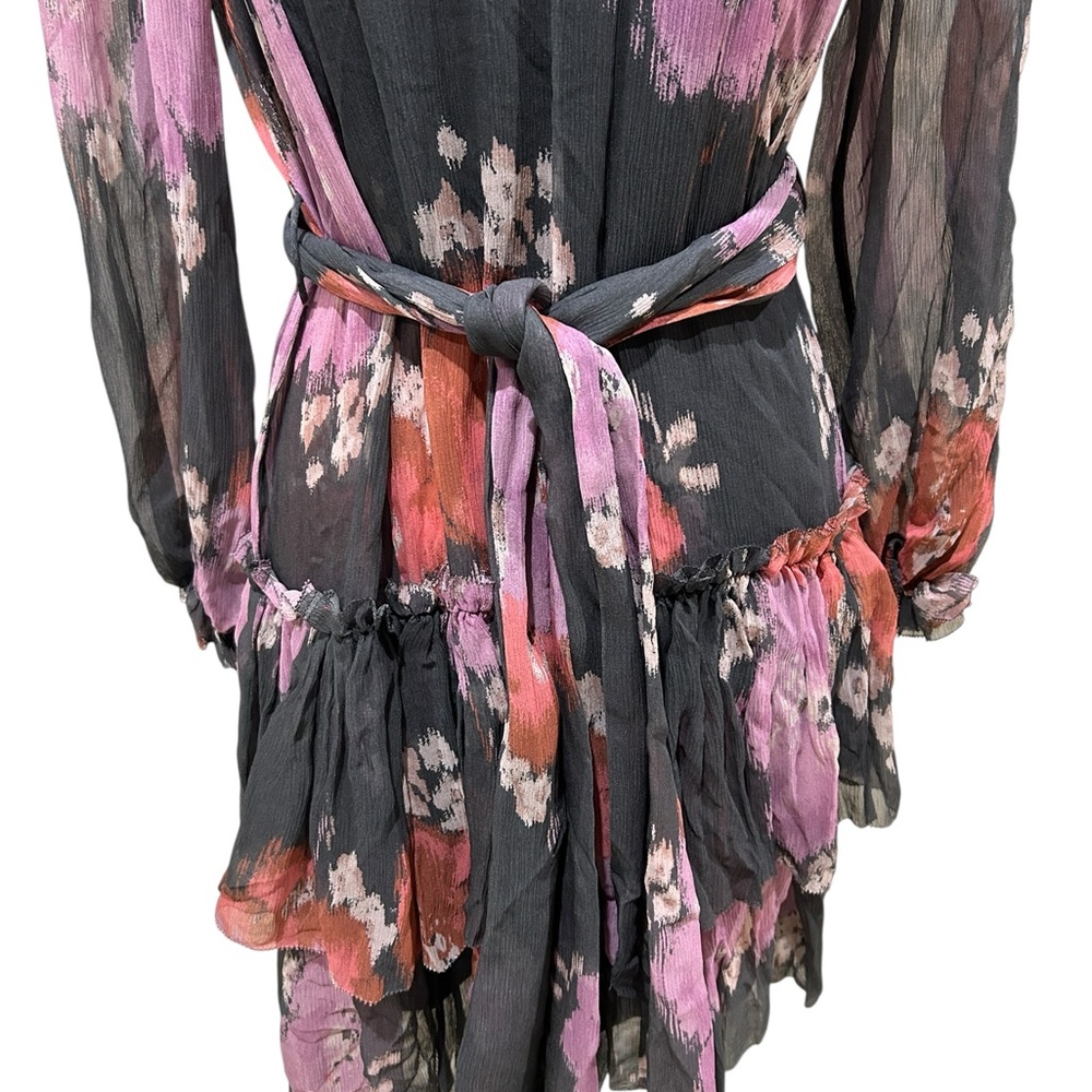 NWT unsubscribed Floral Long Sleeve sheer floral Dress tie belt ruffle black  8 - Picture 6 of 13